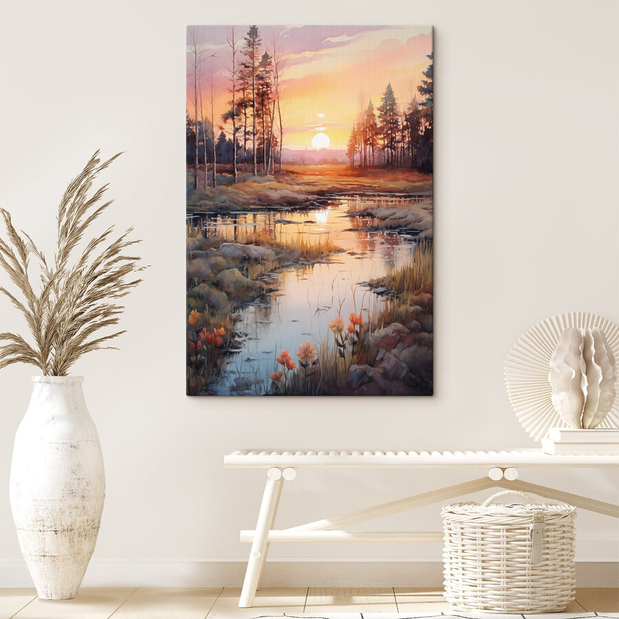 Aquarell eines Flusses mit Bäumen und einem Sonnenuntergang