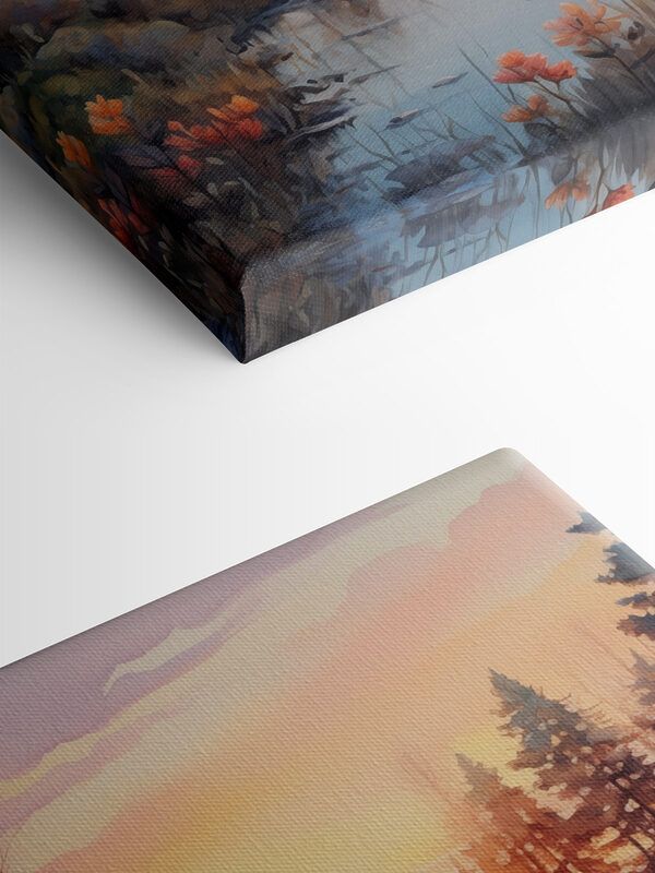 Aquarell eines Flusses mit Bäumen und einem Sonnenuntergang Aquarell eines Flusses mit Bäumen und einem Sonnenuntergang