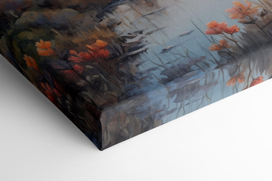 Aquarell eines Flusses mit Bäumen und einem Sonnenuntergang