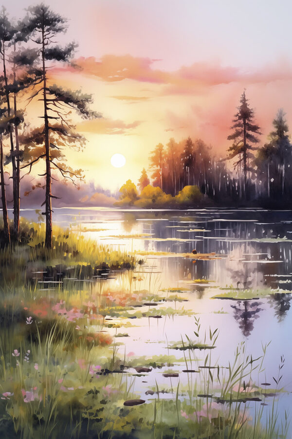 Aquarellmalerei eines Sees mit Bäumen und Gras Aquarellmalerei eines Sees mit Bäumen und Gras