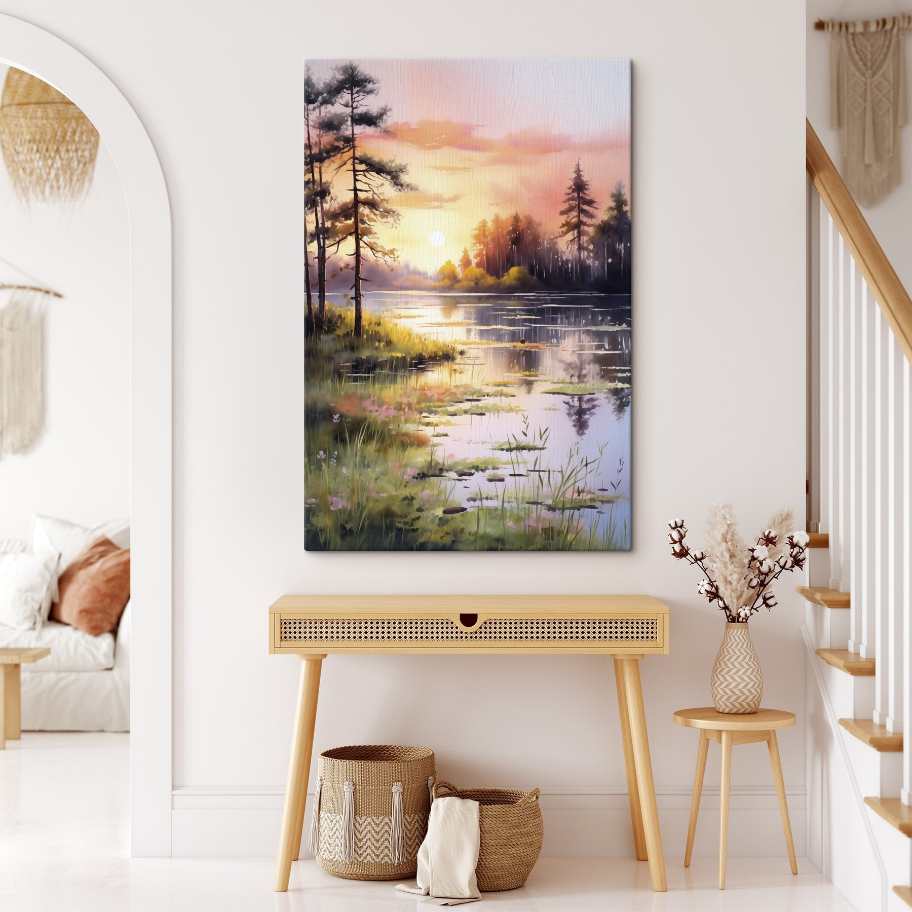 Watercolor painting of a lake with trees and grass Watercolor painting of a lake with trees and grass