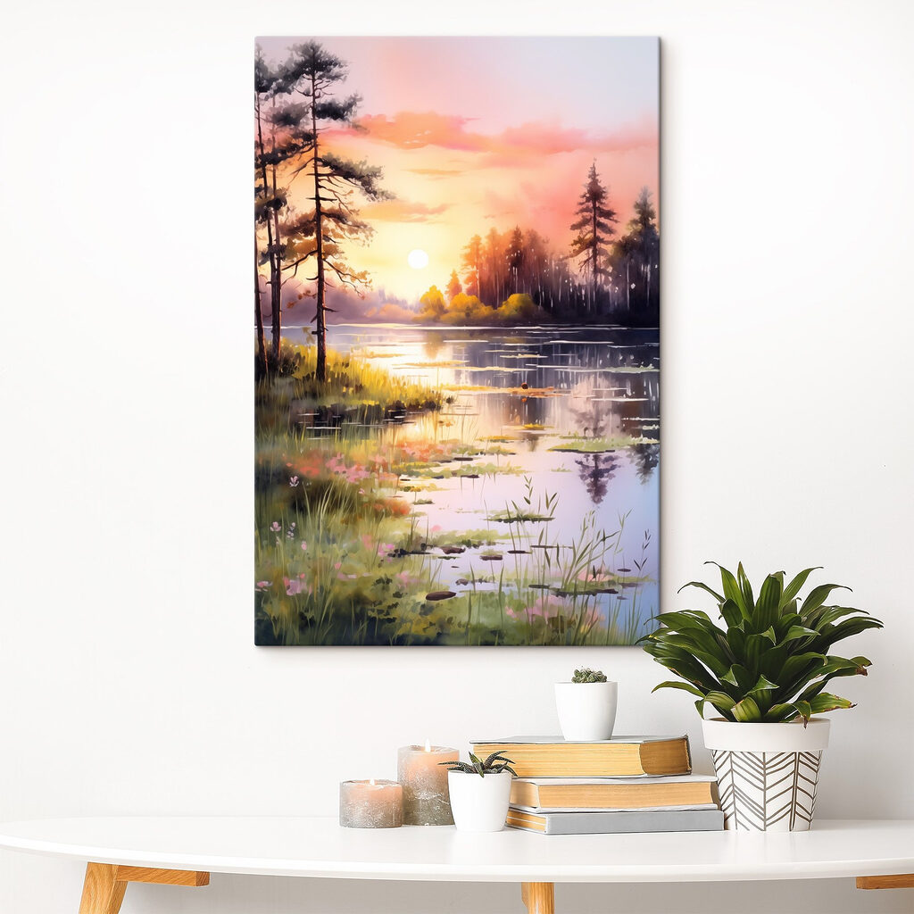 Watercolor painting of a lake with trees and grass Watercolor painting of a lake with trees and grass