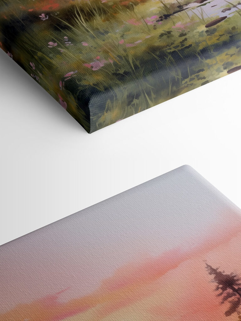 Watercolor painting of a lake with trees and grass Watercolor painting of a lake with trees and grass