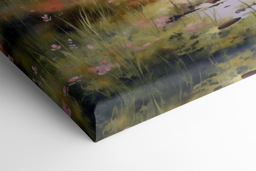 Aquarellmalerei eines Sees mit Bäumen und Gras