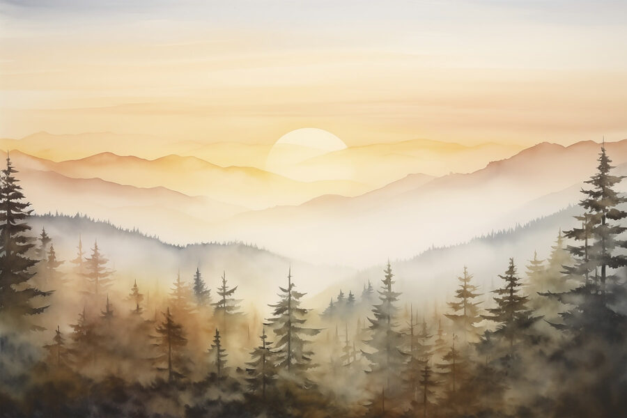 Aquarellmalerei eines Waldes und von Bergen