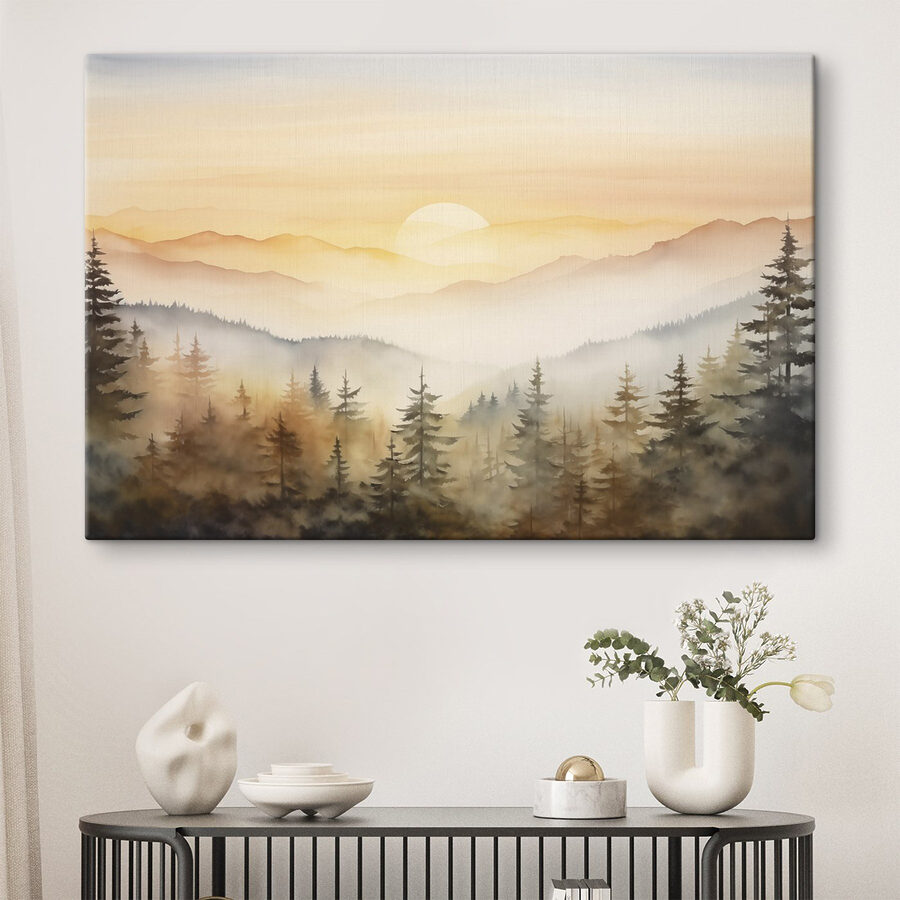 Aquarellmalerei eines Waldes und von Bergen