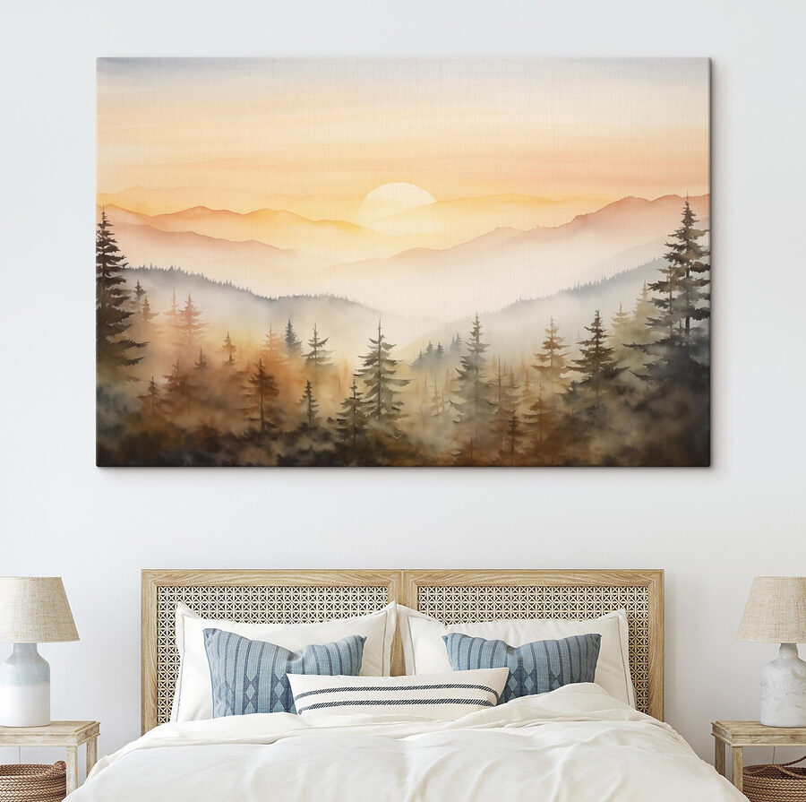 Aquarellmalerei eines Waldes und von Bergen