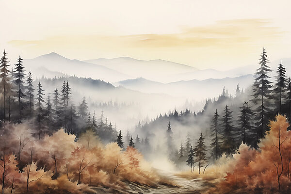 Landschaft eines Waldes mit Nebel Landschaft eines Waldes mit Nebel