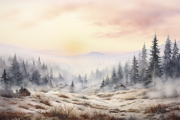 Landschaft mit Bäumen und Nebel Landschaft mit Bäumen und Nebel