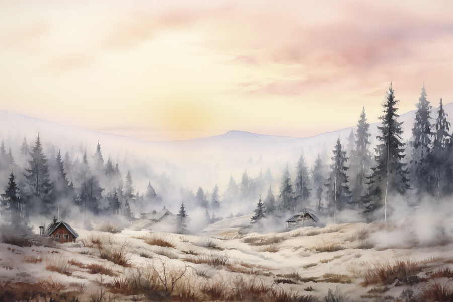 Landschaft mit Bäumen und Nebel