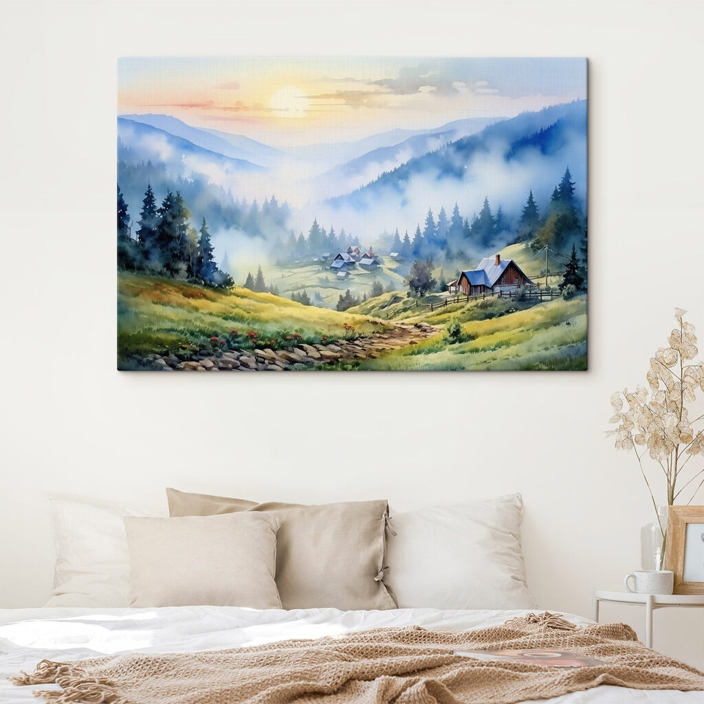 Painting of a village in the mountains