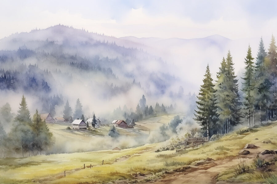 Aquarell eines Dorfes in den Bergen