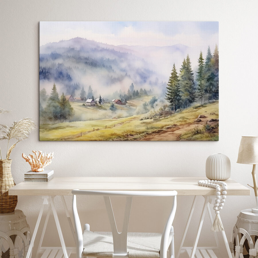 Aquarell eines Dorfes in den Bergen
