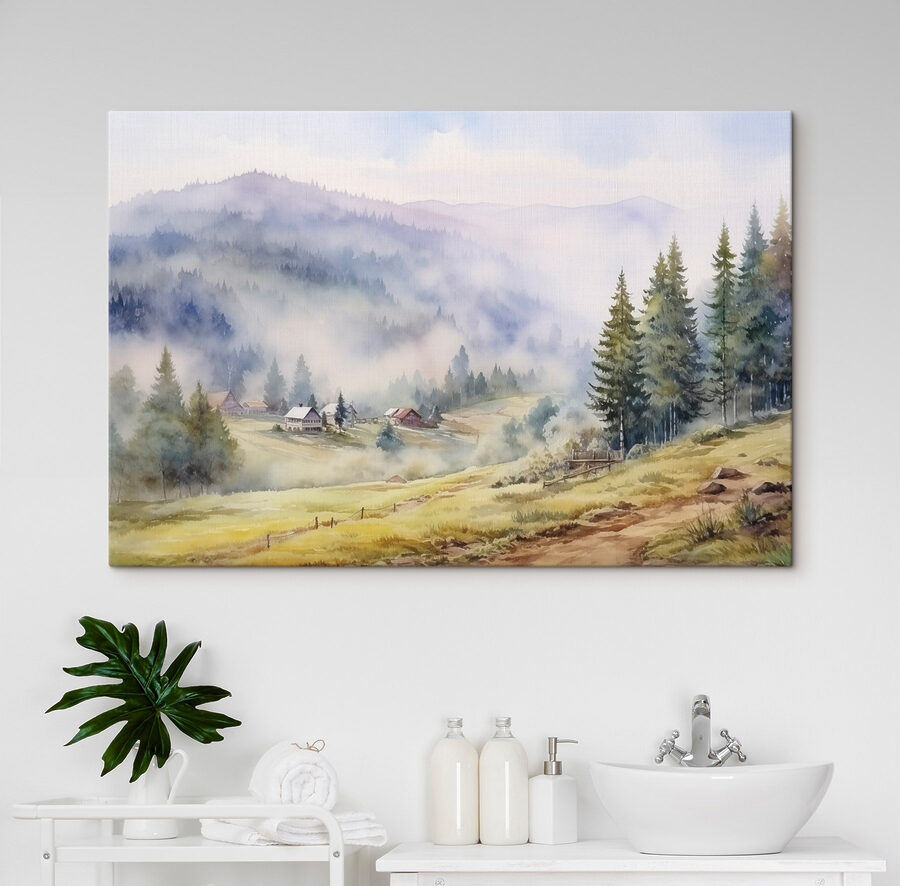 Aquarell eines Dorfes in den Bergen