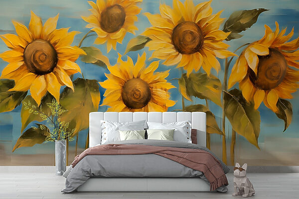Gemälde von Sonnenblumen an einer Wand Gemälde von Sonnenblumen an einer Wand