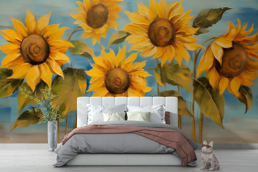 Gemälde von Sonnenblumen an einer Wand