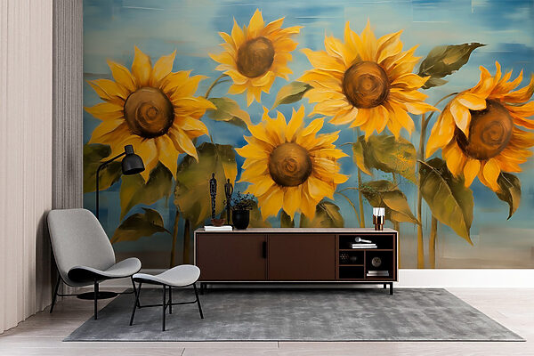 Gemälde von Sonnenblumen an einer Wand Gemälde von Sonnenblumen an einer Wand