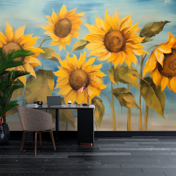 Gemälde von Sonnenblumen an einer Wand Gemälde von Sonnenblumen an einer Wand