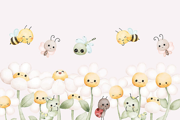 Gruppe von Cartoon-Käfern und Blumen Gruppe von Cartoon-Käfern und Blumen