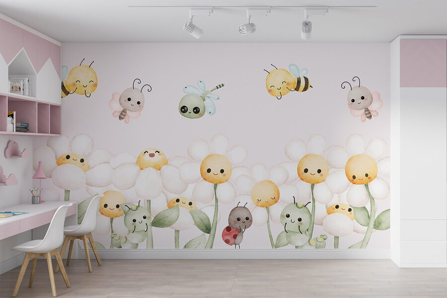 Gruppe von Cartoon-Käfern und Blumen