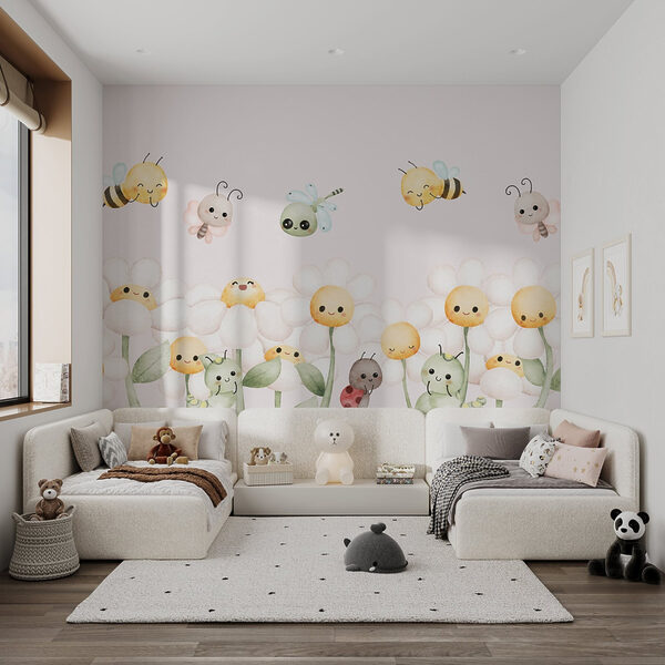 Gruppe von Cartoon-Käfern und Blumen Gruppe von Cartoon-Käfern und Blumen