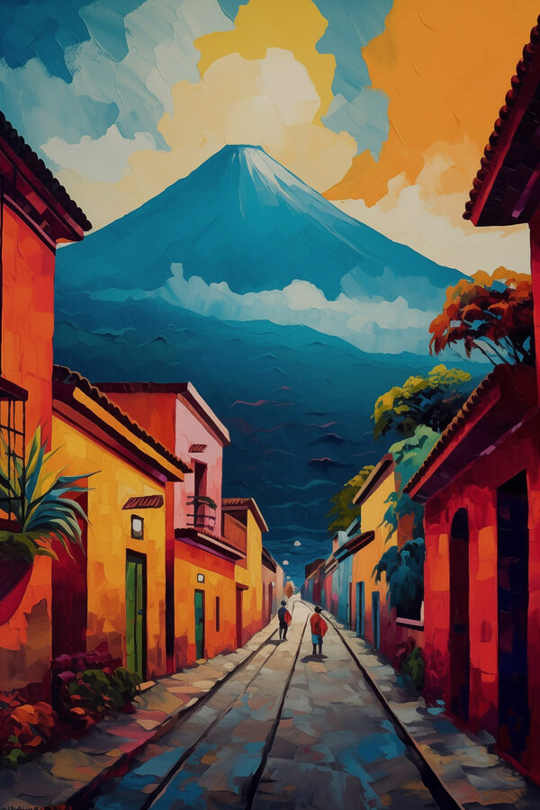 Painting of a street with buildings and a mountain in the background Painting of a street with buildings and a mountain in the background