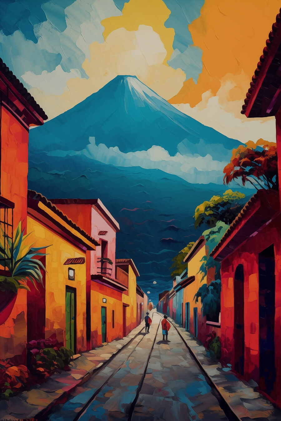 Painting of a street with buildings and a mountain in the background Painting of a street with buildings and a mountain in the background
