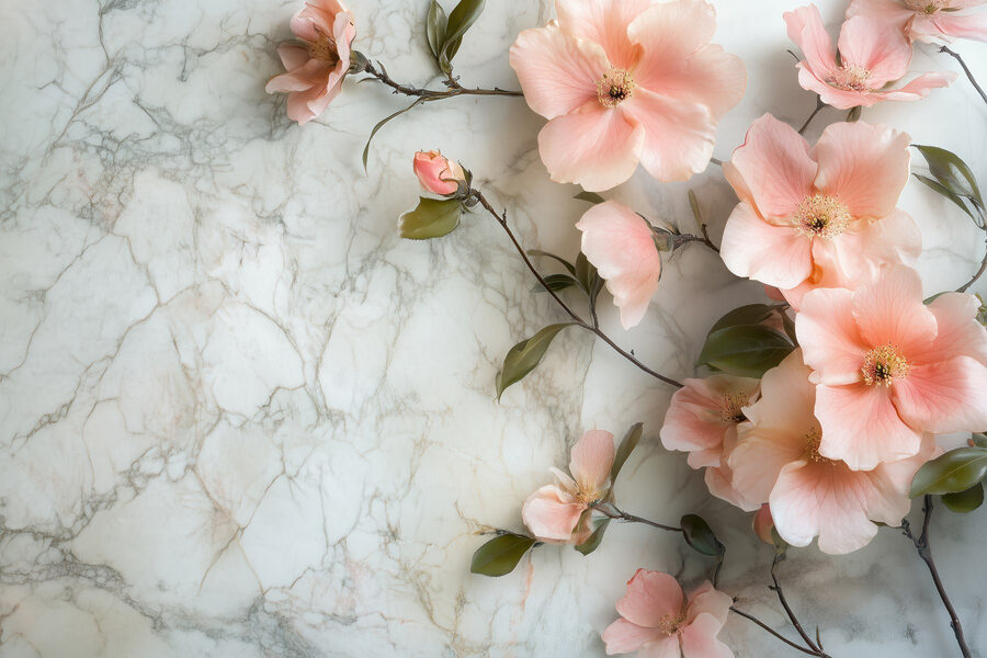 Gruppe von rosa Blumen auf einer Marmorfläche