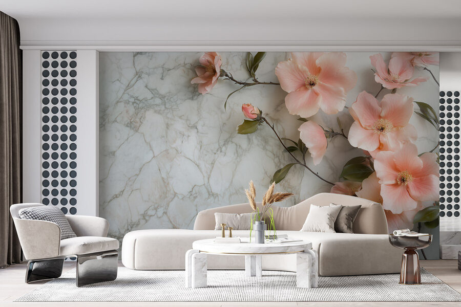 Gruppe von rosa Blumen auf einer Marmorfläche