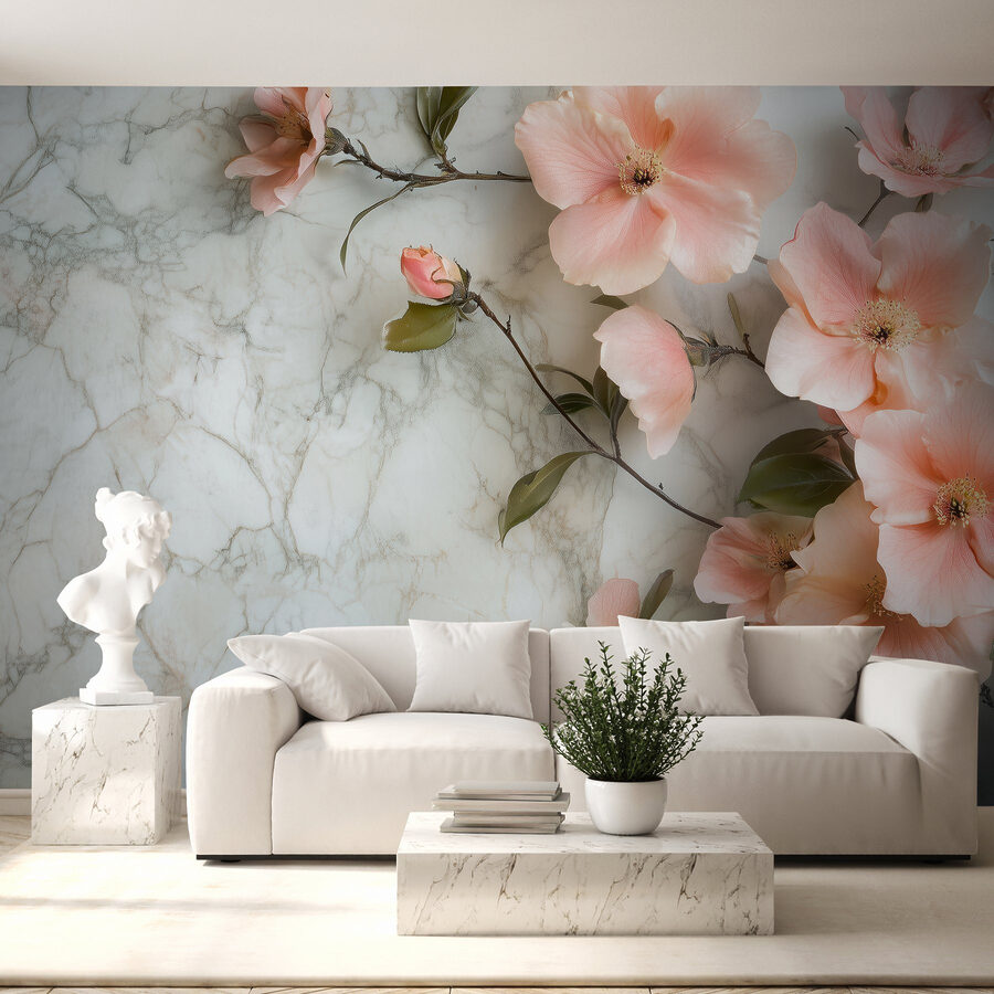 Gruppe von rosa Blumen auf einer Marmorfläche