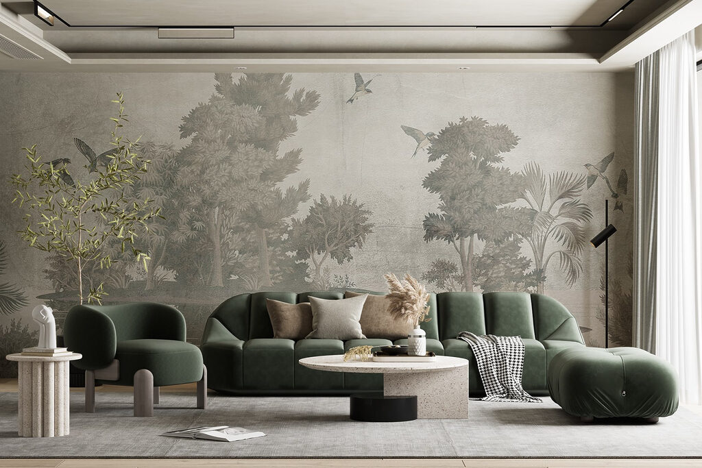 Birds flying over trees