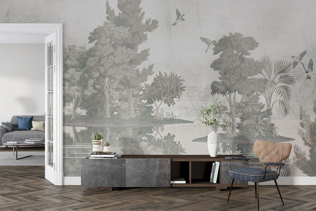 Birds flying over trees