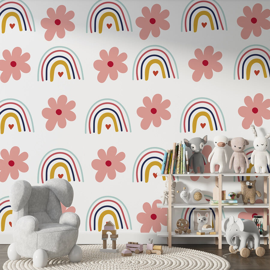 Muster aus Blumen und Regenbögen