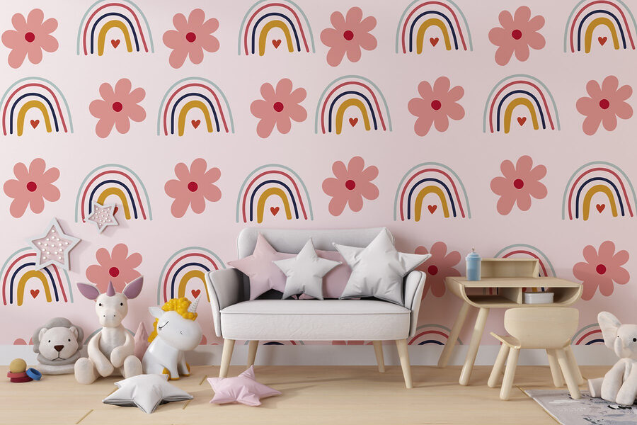 Muster aus Blumen und Regenbögen