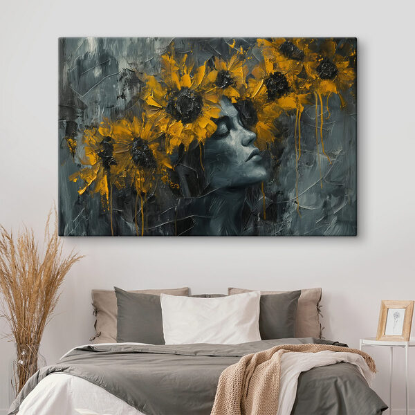 Gemälde einer Frau mit gelben Blumen Gemälde einer Frau mit gelben Blumen