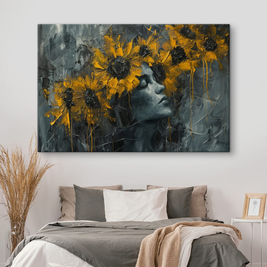 Gemälde einer Frau mit gelben Blumen Gemälde einer Frau mit gelben Blumen