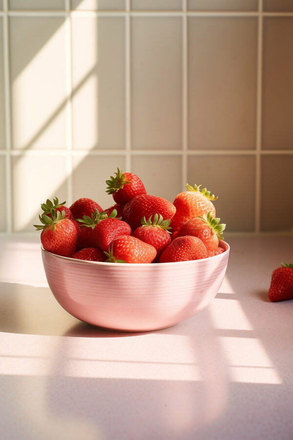 Schale mit Erdbeeren auf einer Theke Schale mit Erdbeeren auf einer Theke