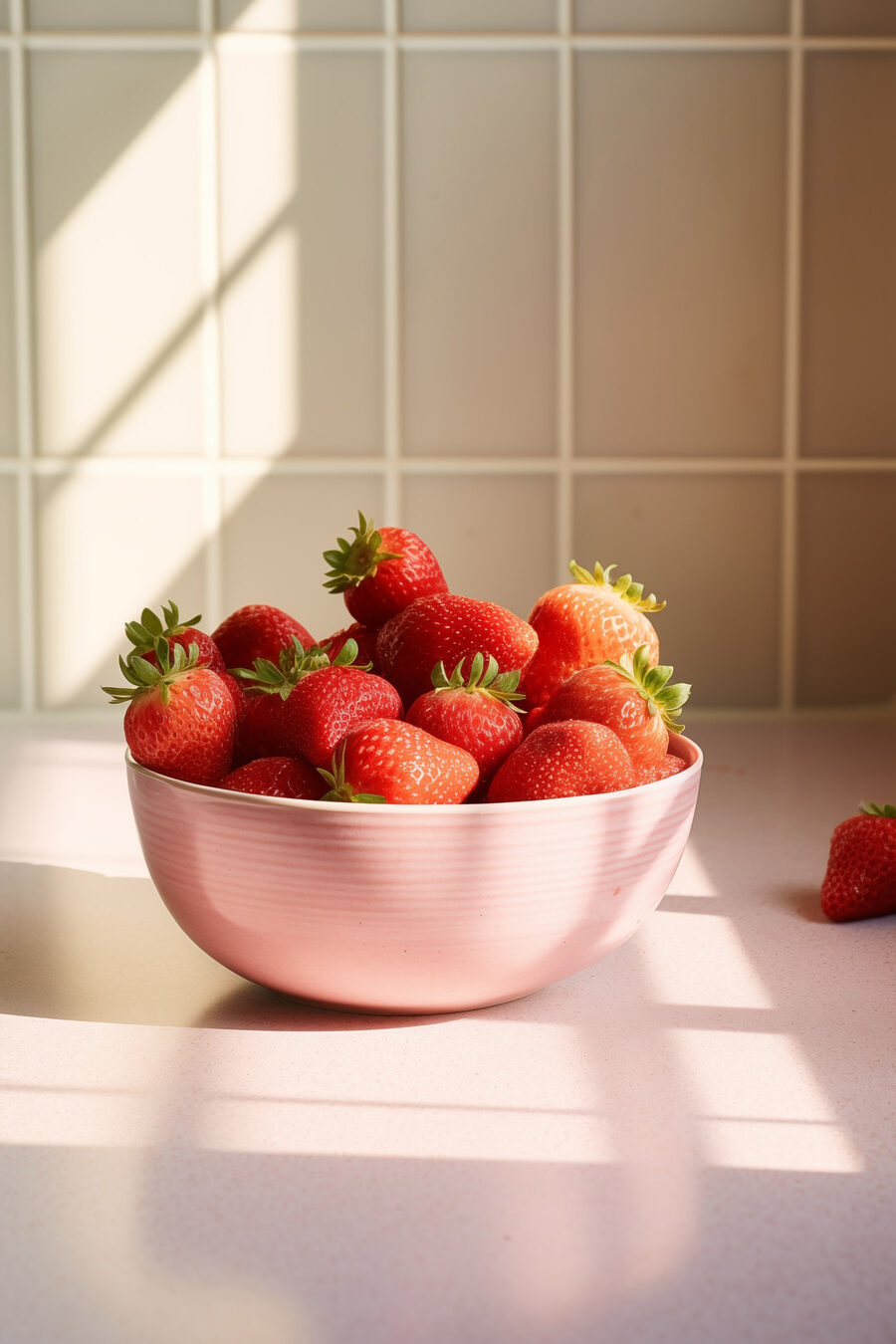 Schale mit Erdbeeren auf einer Theke Schale mit Erdbeeren auf einer Theke