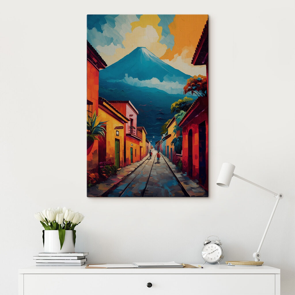 Painting of a street with buildings and a mountain in the background
