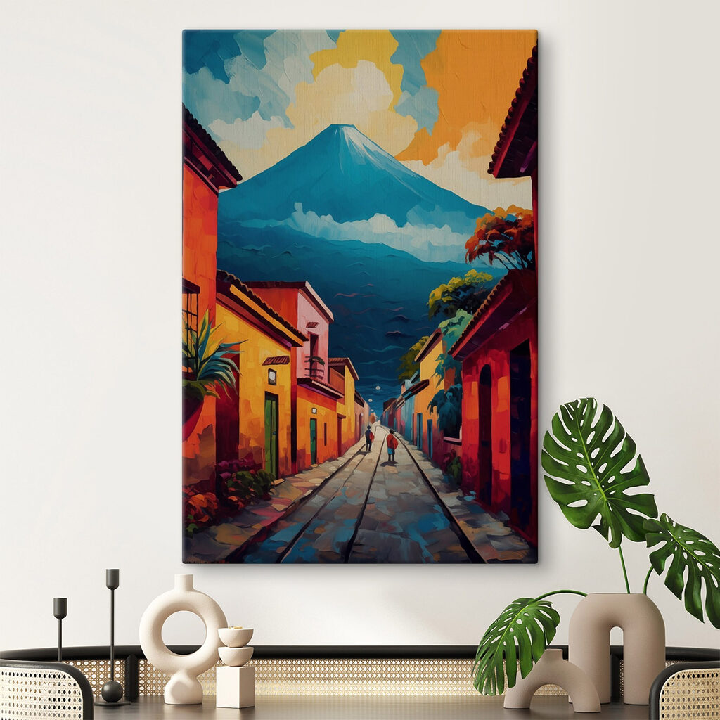 Painting of a street with buildings and a mountain in the background