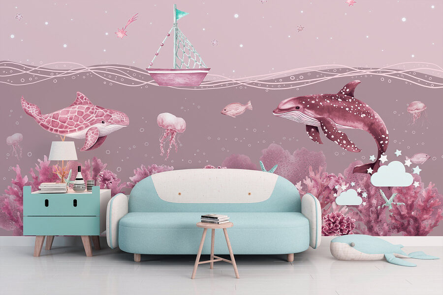 Meeresleben mit einem Boot und Fischen