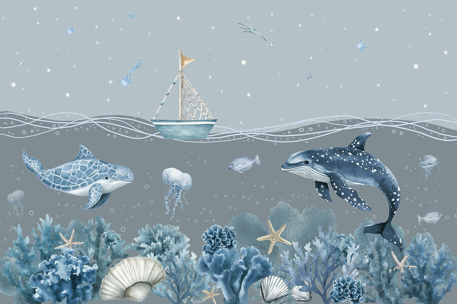 Meeresleben mit einem Boot und Fischen