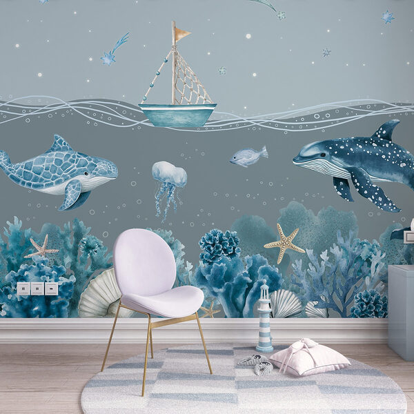 Meeresleben mit einem Boot und Fischen Meeresleben mit einem Boot und Fischen