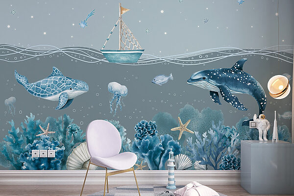 Meeresleben mit einem Boot und Fischen Meeresleben mit einem Boot und Fischen