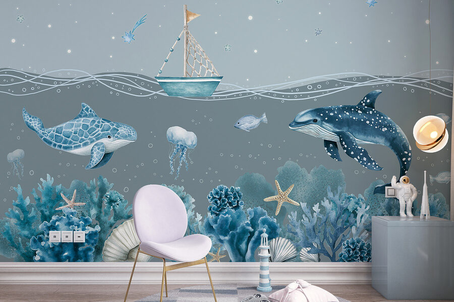 Meeresleben mit einem Boot und Fischen