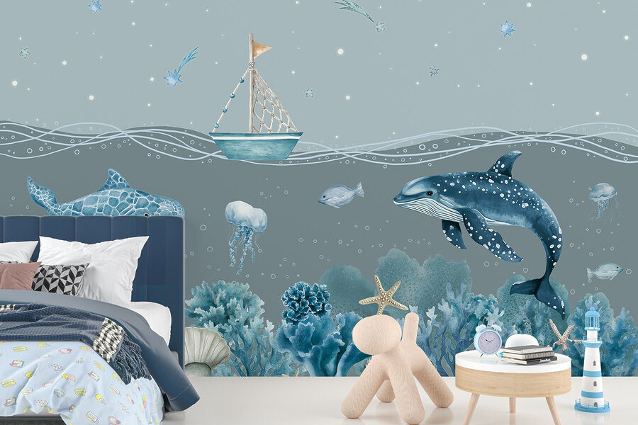 Meeresleben mit einem Boot und Fischen