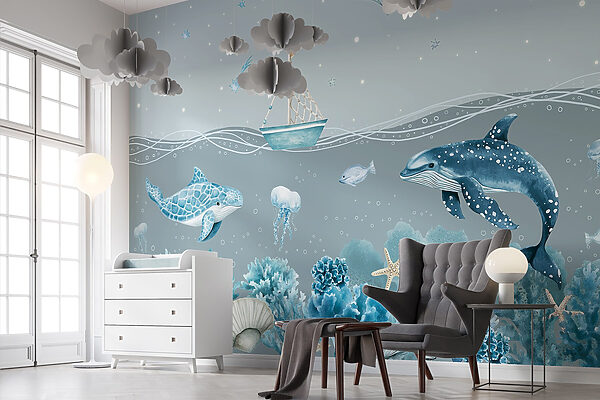 Meeresleben mit einem Boot und Fischen Meeresleben mit einem Boot und Fischen