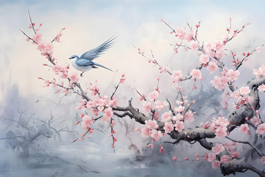Vogel auf einem Zweig mit rosa Blüten