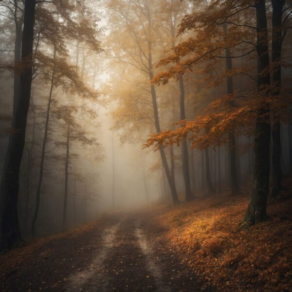Nebliger Wald mit Bäumen und Blättern Nebliger Wald mit Bäumen und Blättern