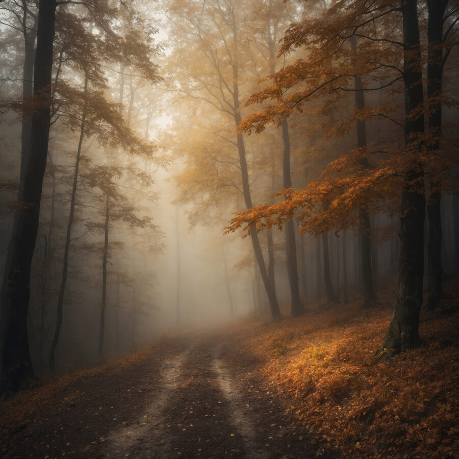 Nebliger Wald mit Bäumen und Blättern